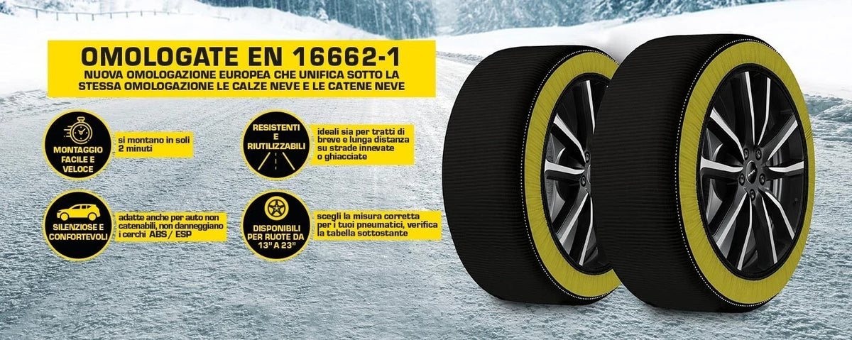 Calze da Neve Omologate EN 16662-1 Catene Tessuto Auto SUV 4x4 XS S M L XL XXL