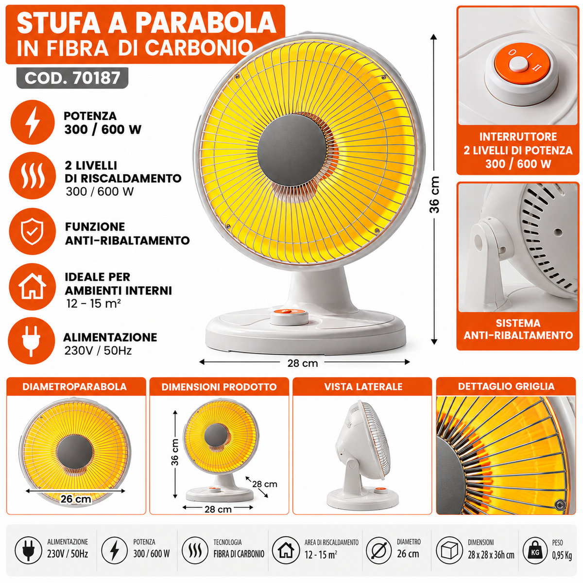 Stufa Da Tavolo In Fibra Di Carbonio Termoconvettore Parabola Elettrica Piantana