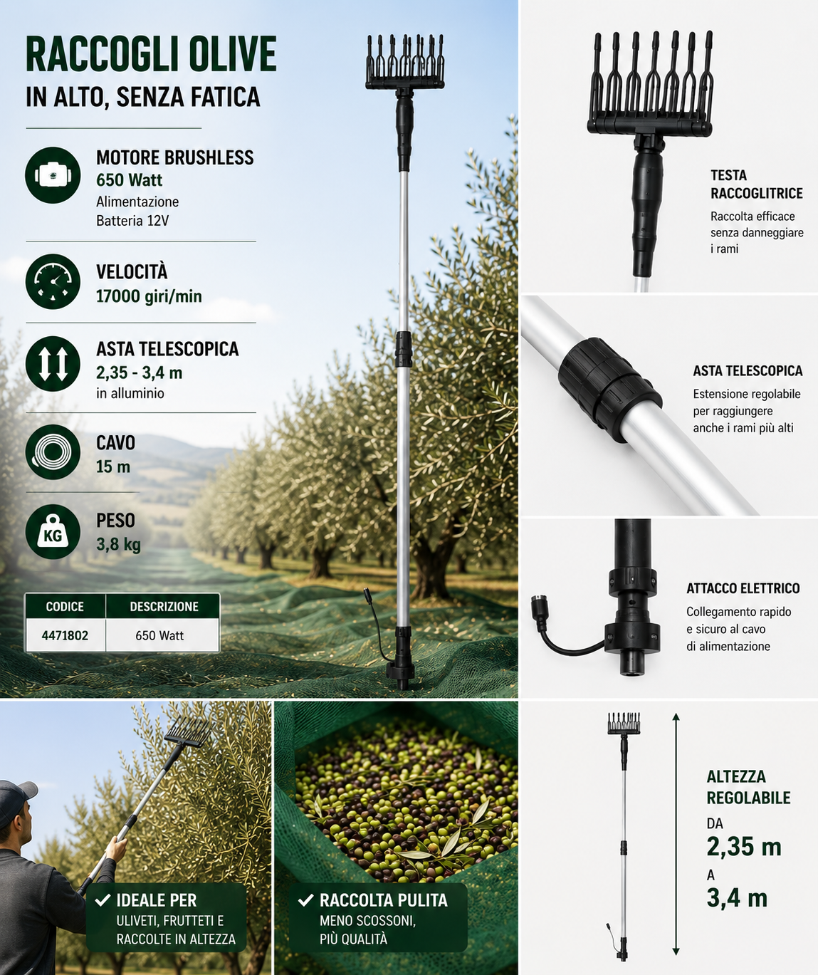 Abbacchiatore per Olive A Batteria 12v Scuotiolive Scuotitore Elettrico 400w 3MT