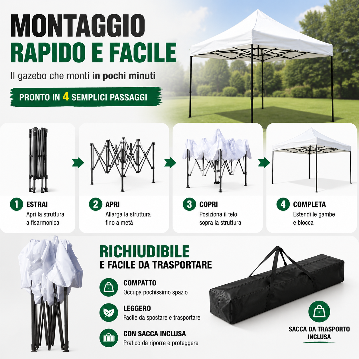 gazebo 3x3 pieghevole impermeabile bianco richiudibile robusto da giardino fiera