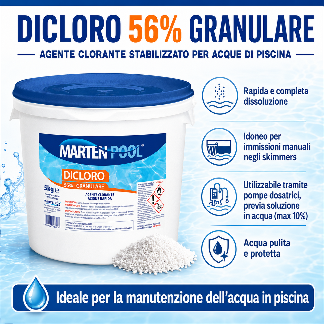 Cloro Marten 56% Granulare Shock Dicloro 5 Kg Rapido Acqua Piscina Trattamento