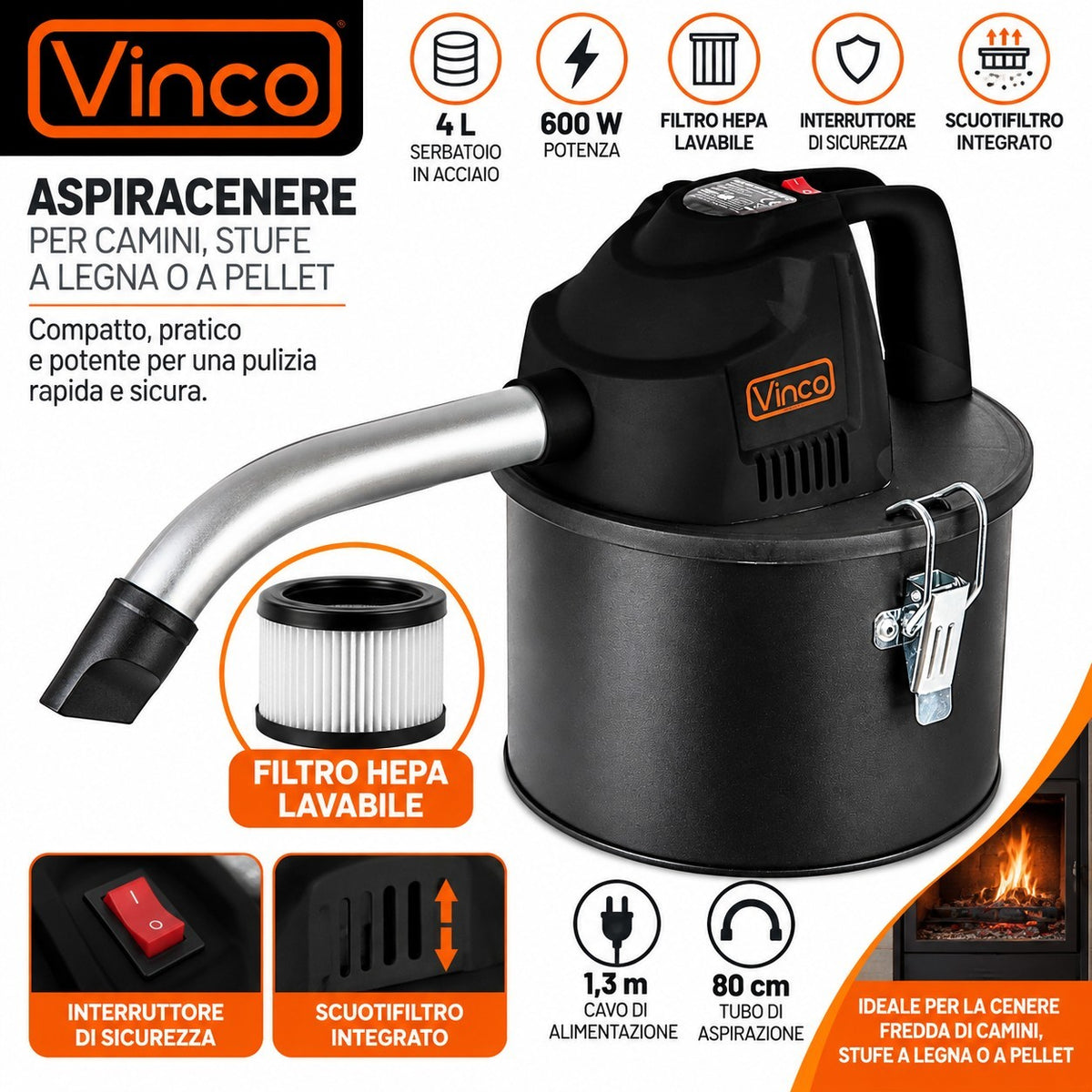 Bidone Aspiracenere Per Camino Stufa A Pellet Aspira Cenere Stufe Piccolo 4 LT