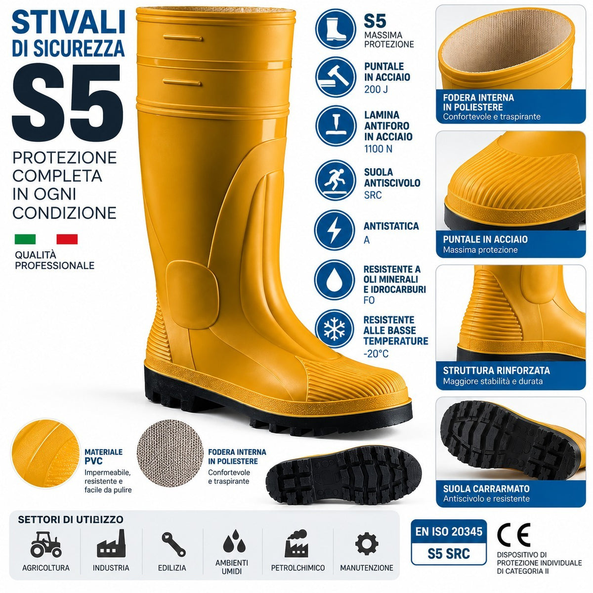 Stivali Antinfortunistici Uomo Pvc S5 Puntale Acciaio Impermeabili Lavoro Gialli