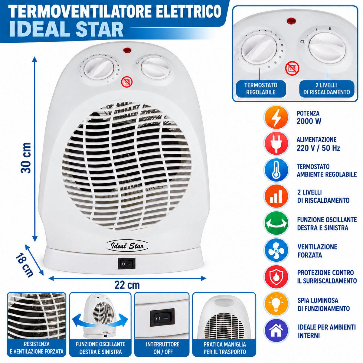 Scaldino Elettrico Bagno Termoventilatore 2000W Stufetta Elettrica Caldobagno