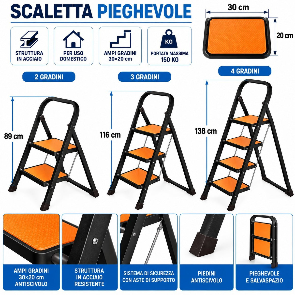 Scaletta 2 3 4 Gradini Pieghevole Sgabello Acciaio Scaletto 150kg Richiudibile