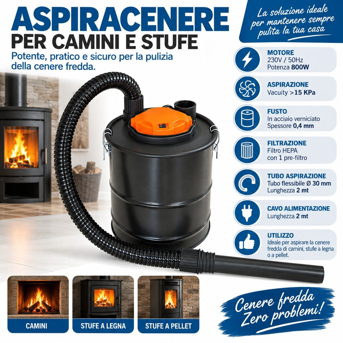 Bidone Aspiracenere Piccolo per Camino Stufe Camini Stufa Pellet Elettrico 15 Lt