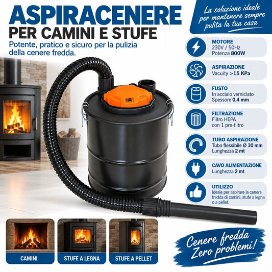 Bidone Aspiracenere Piccolo per Camino Stufe Camini Stufa Pellet Elettrico 15 Lt