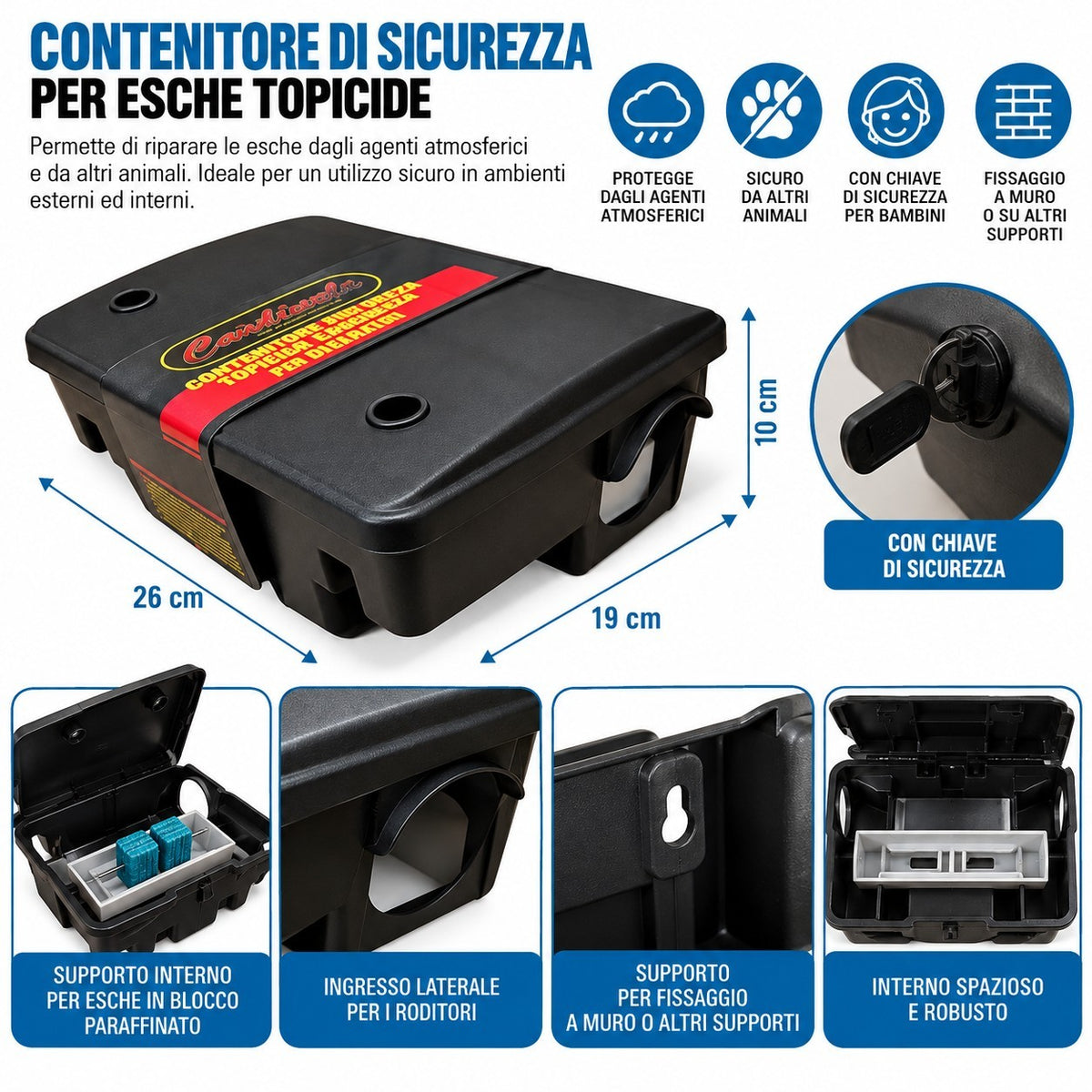 Set Contenitore Esche Topi Ratti Box Trappola Scatola Veleno Chiave Sicurezza