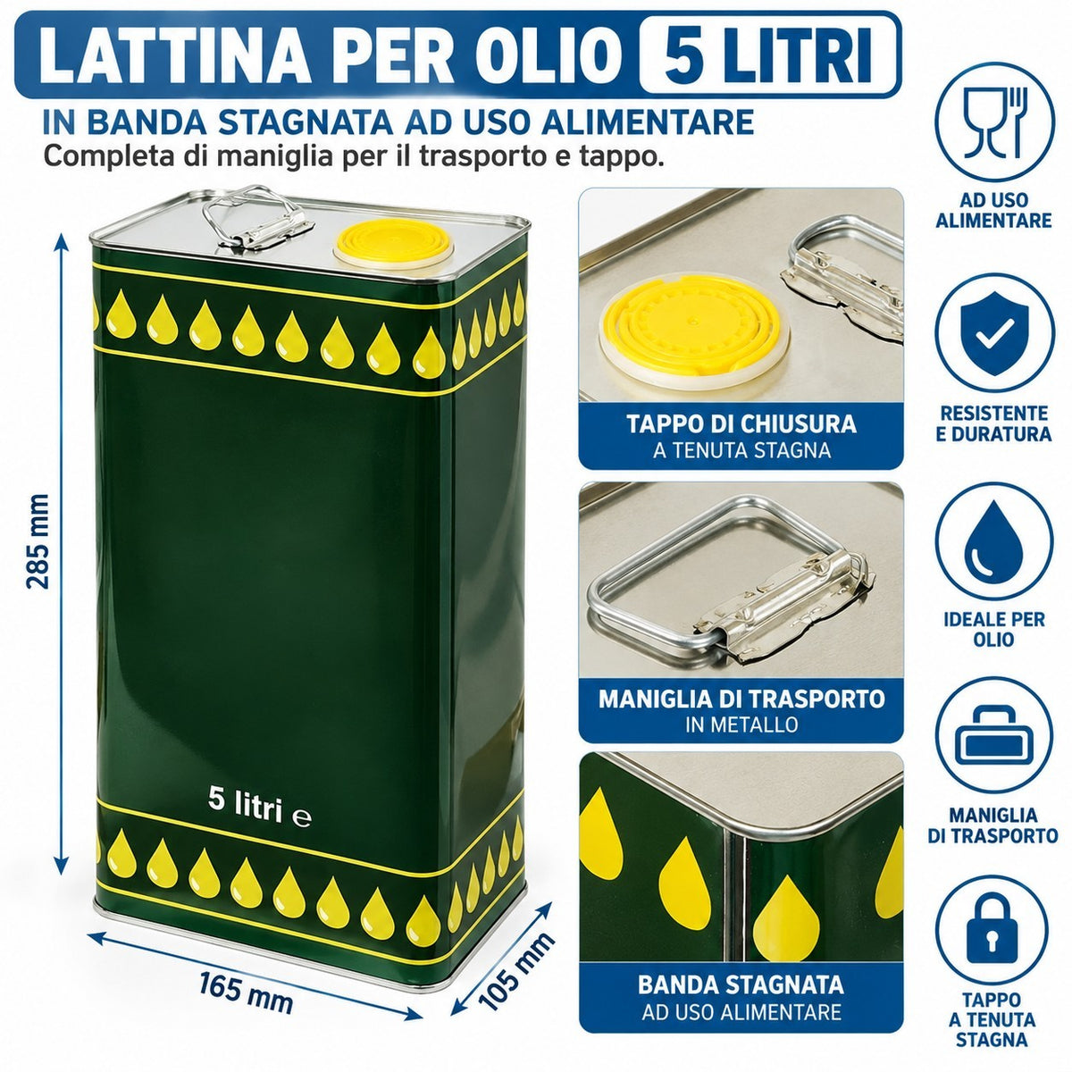 Set 2 Lattine Per Olio 5 Litri Contenitore Tanica Latta Lattina Uso Alimentare