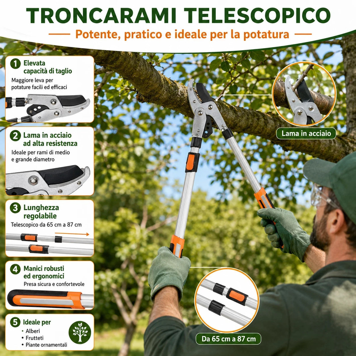 Troncarami Telescopico Manuale Potatore Rami Asta Telescopica Allungabile 87 cm