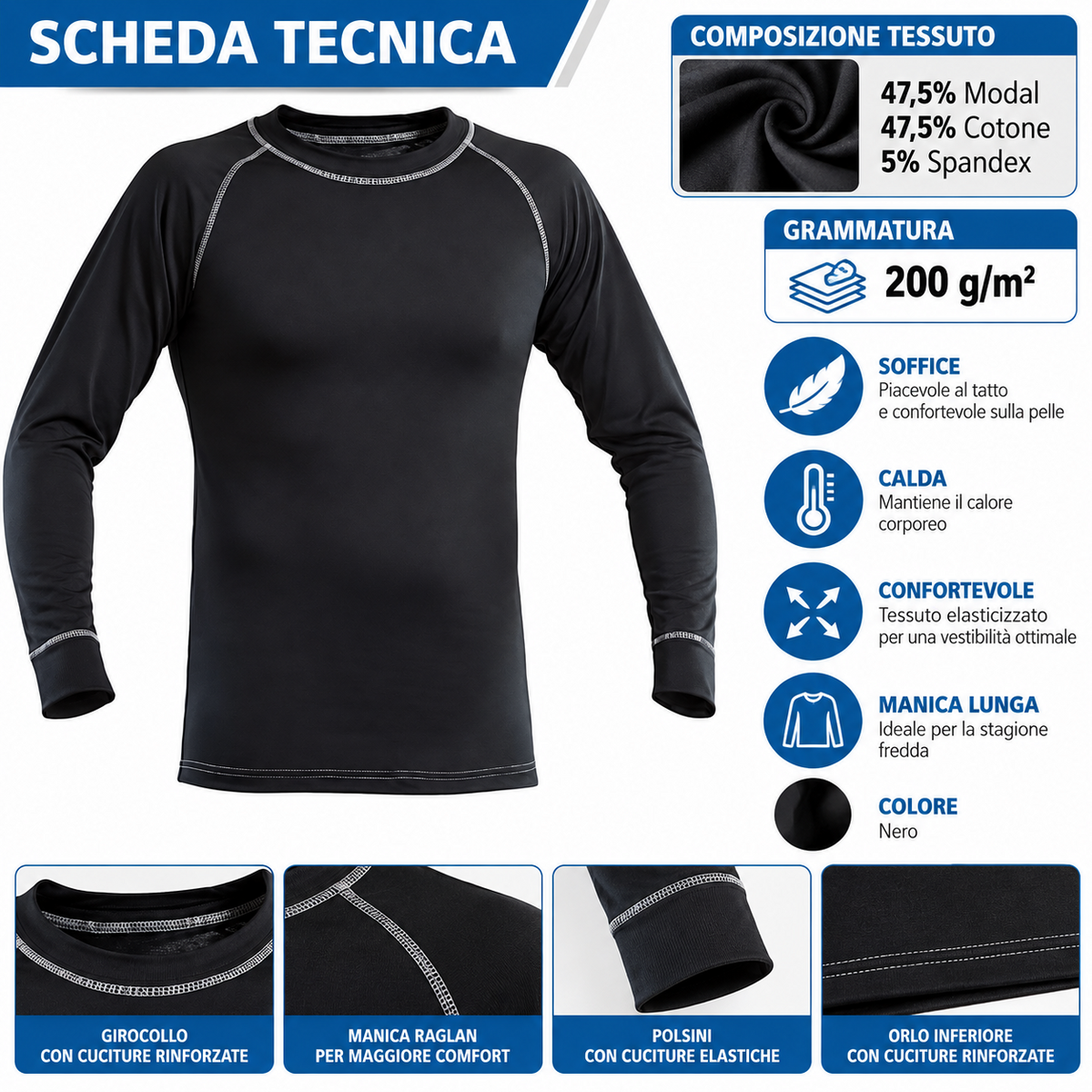 Maglia Termica Manica Lunga Intima Uomo Invernale Da Lavoro Girocollo Maglietta