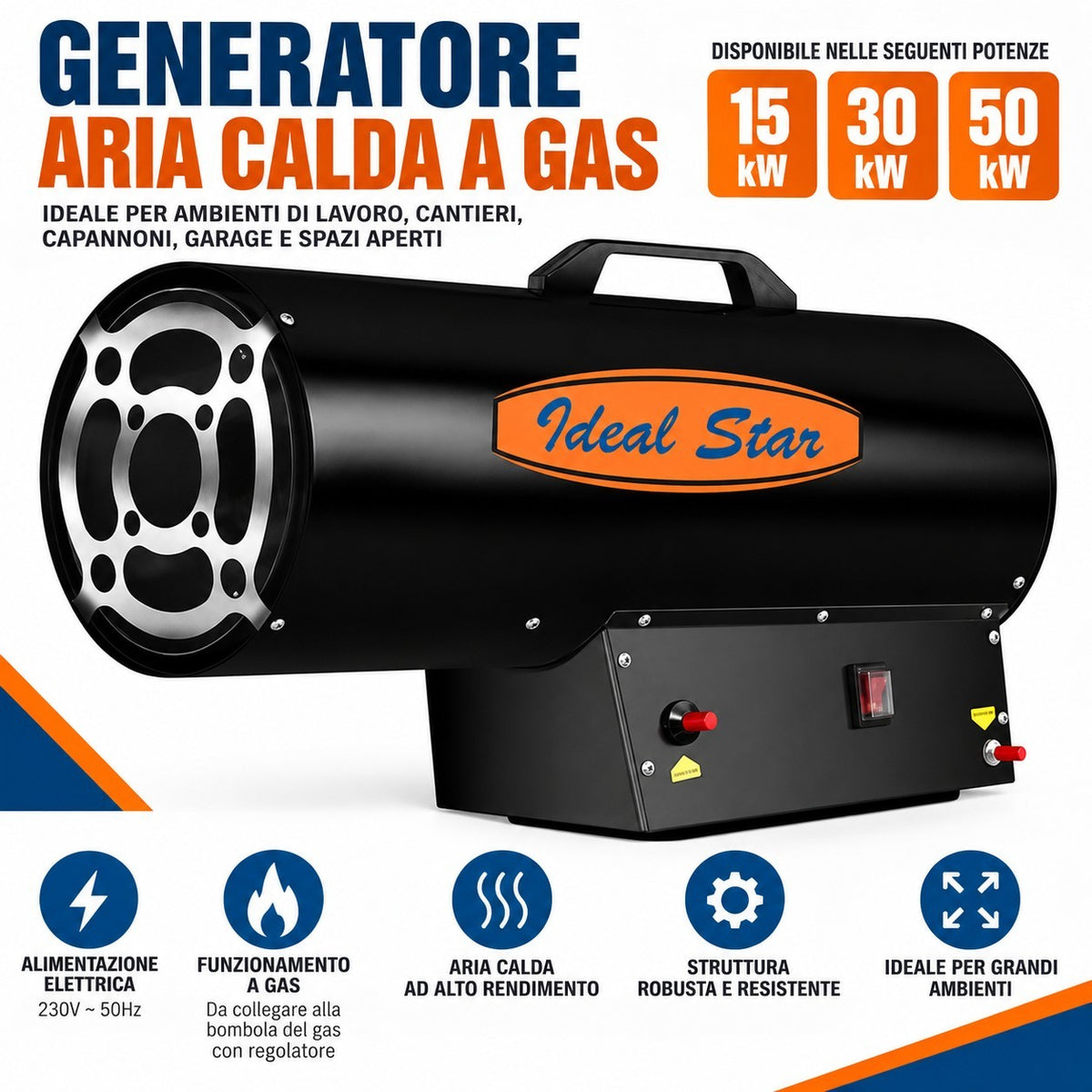 Generatore Aria Calda Riscaldatore Portatile a Gas Stufa Cannone 15kw 30kw 50kw