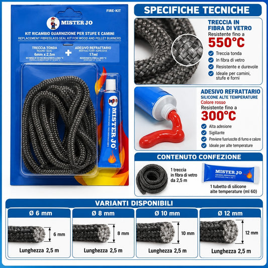 Kit Ricambio Treccia Alta Temperatura Silicone 60 ml in Fibra Vetro Guarnizione