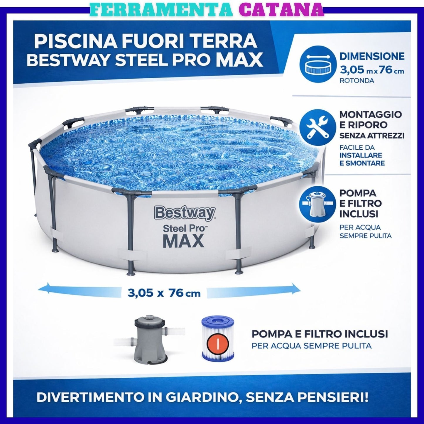 Piscina Bestway Rotonda Fuori Terra Pro Max Steel 305x76Cm 56408 Set Con Pompa