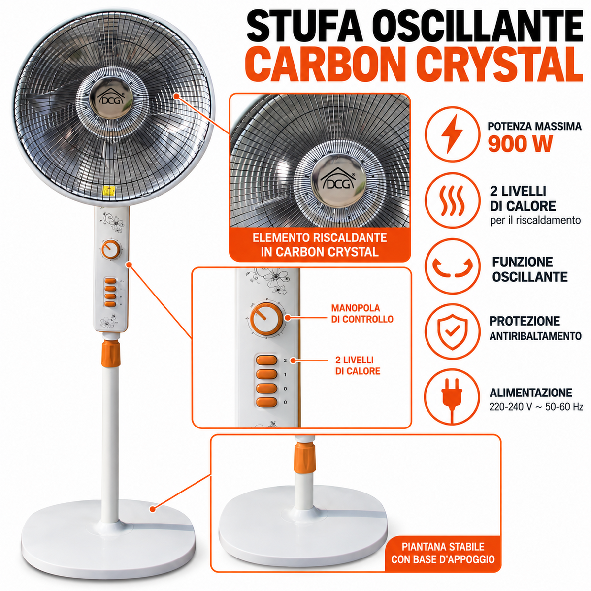 Stufa Oscillante Carbon Crystal Piantana Parabola 900w 45 Cm Elettrica Carbonio