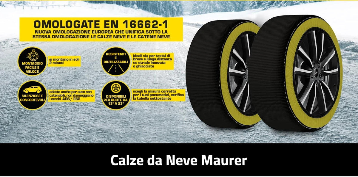 Calze da Neve Omologate EN 16662-1 Catene Tessuto Auto SUV 4x4 XS S M L XL XXL