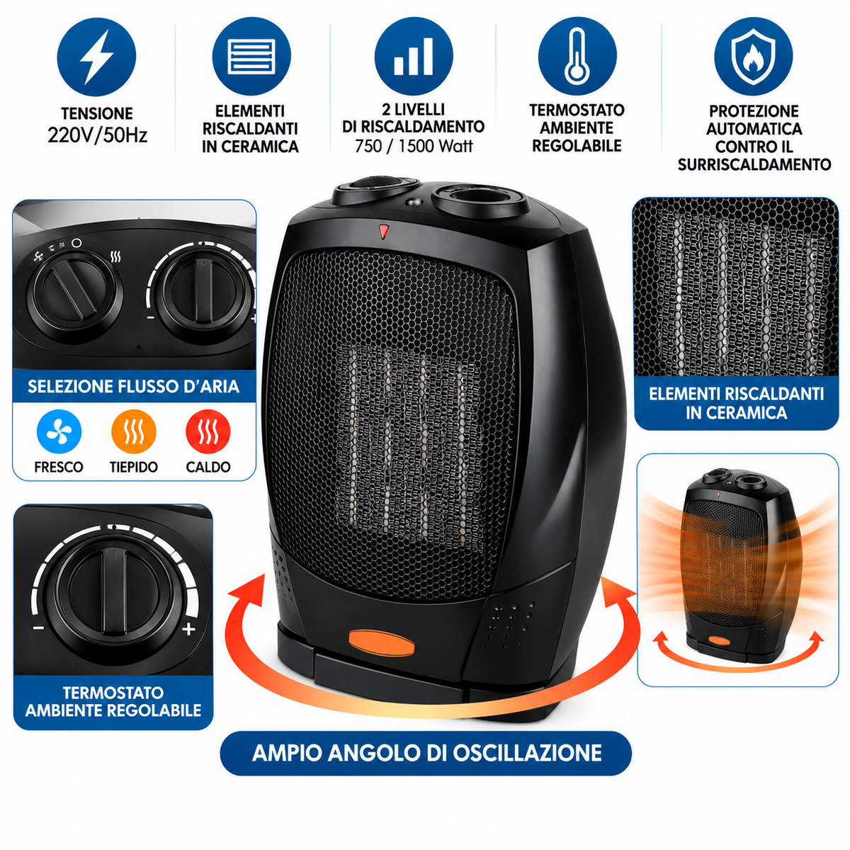 Caldobagno Elettrico Scaldino Stufetta Elettrica Termoventilatore Ceramico Stufa