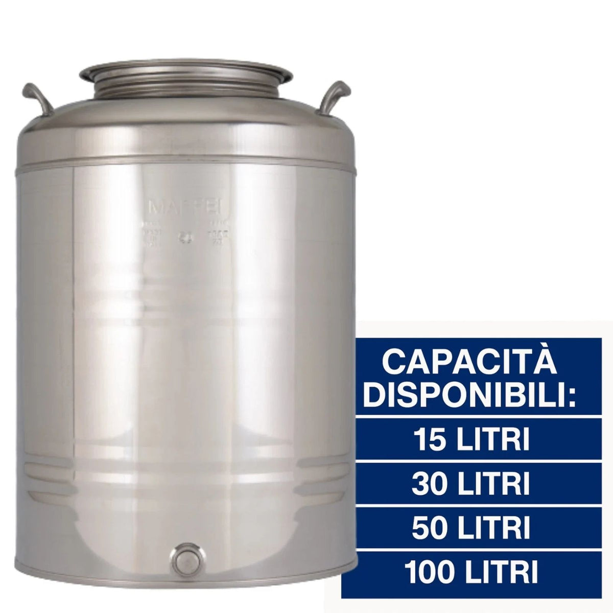 Fusto inox per olio in acciaio AISI 304, capacità da 15 a 100 litri