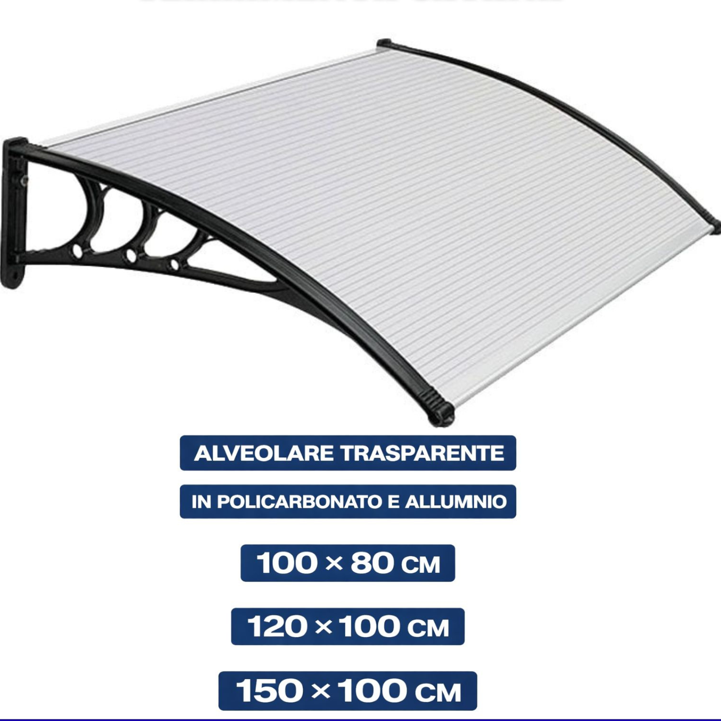 pensilina da esterno in policarbonato alluminio trasparente tettoia 150x100