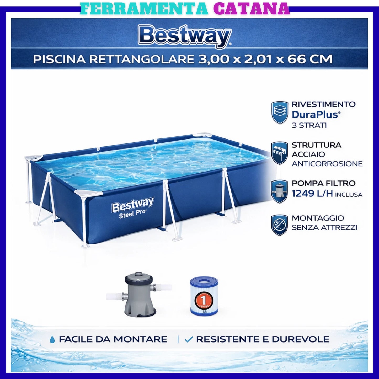 Piscina Fuori Terra Bestway 300x201x66h Steel Pro Telaio Portante con Pompa